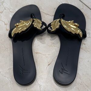 Giuseppe Zanotti Black Sandals with Gold Leaf Accent